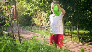 4k视频：<strong>小男孩</strong>在花园里帮忙，用塑料<strong>浇水</strong>罐浇蔬菜